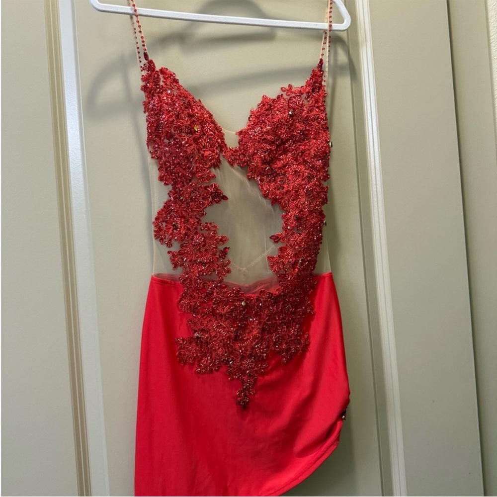 Red Embellished Sheer Detail Evening Dress - Women